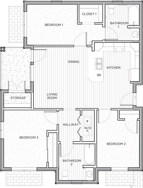 Floor plan for 3 beds, 2 baths, 1077 sqft